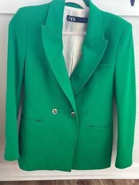 Zara Emerald Green Tailored Double-Breasted Blazer Size M Made in Portugal